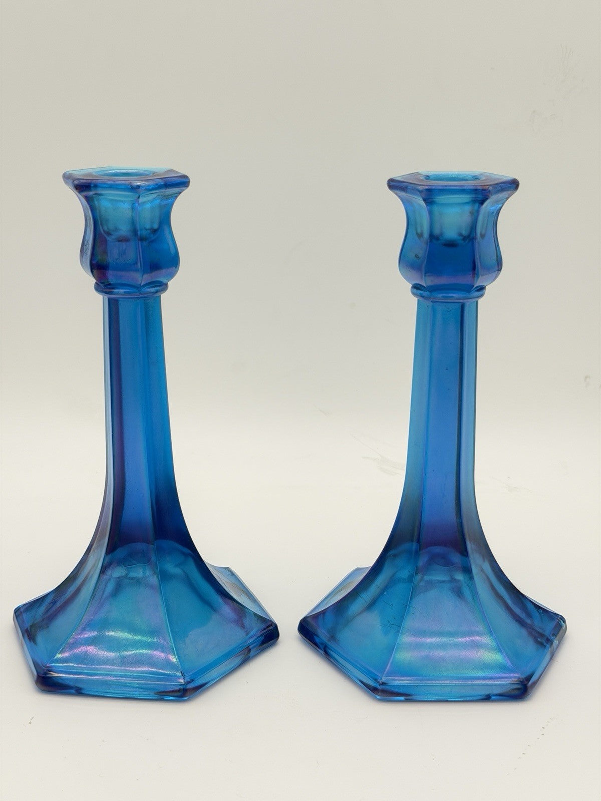 Fenton Florentine Celeste Blue Iridescent Carnival Art Glass Candle Sticks