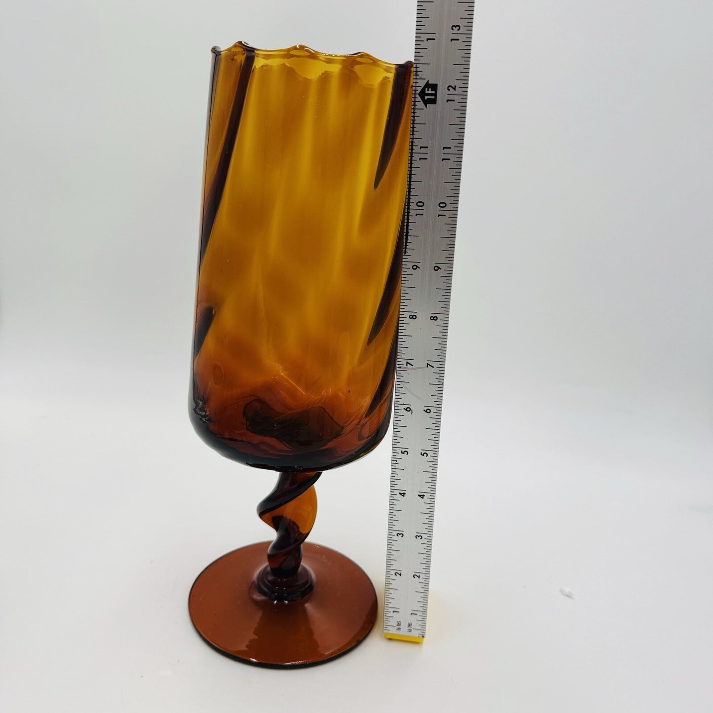 MCM Empoli Art Glass Italy Amber Optic Footed Twisted  Swirl Stem Vase Compote