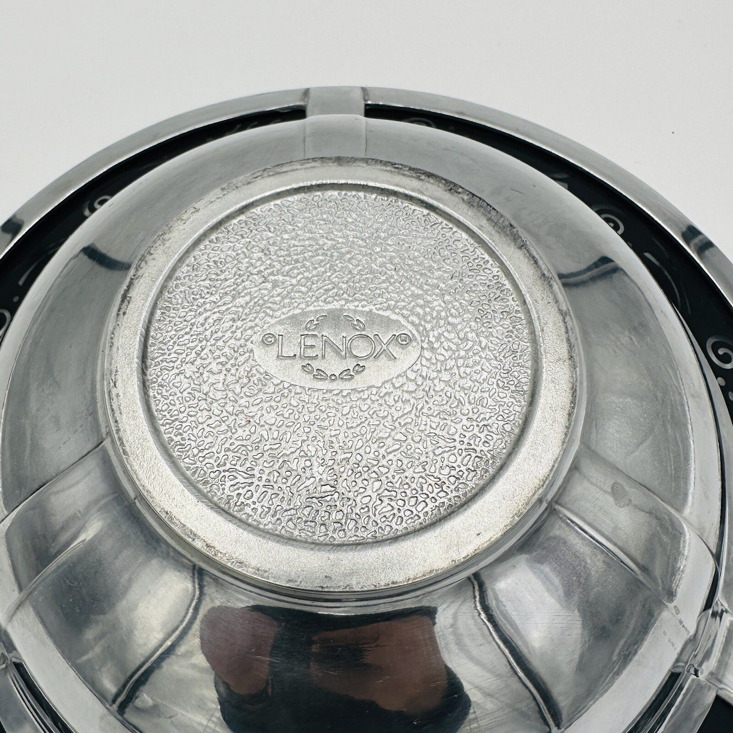 Lenox Serving Bowl Black Glass Decorative Rim Spyro Round Salad Metal Ware