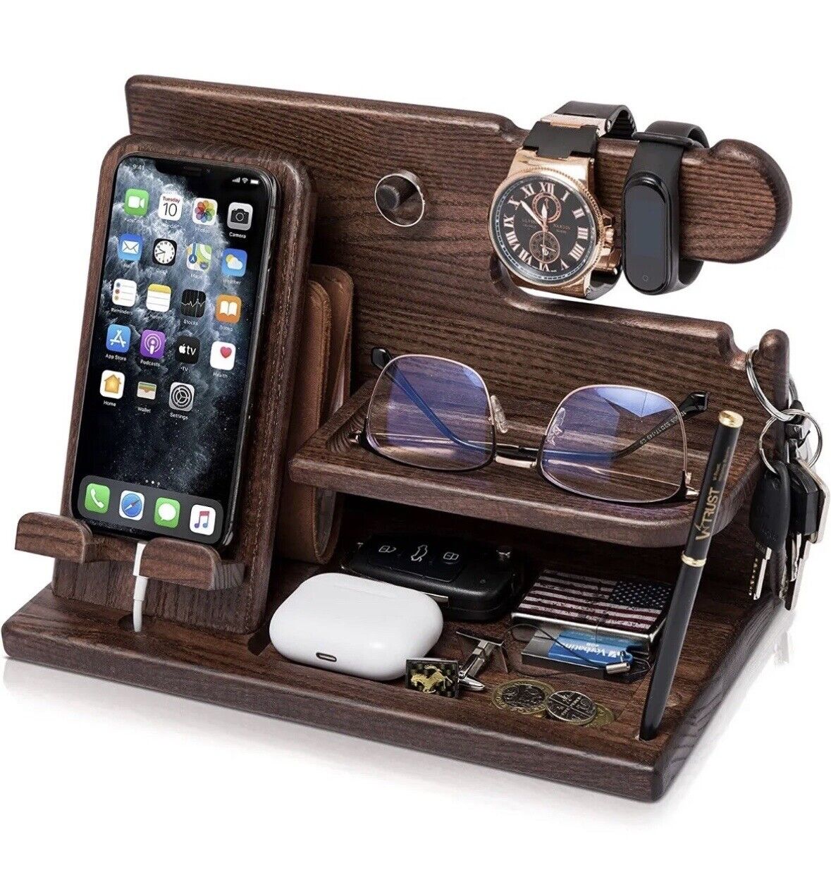 Teslyar Wood Phone Docking Station Ash Key Holder Night Stand Office Decor