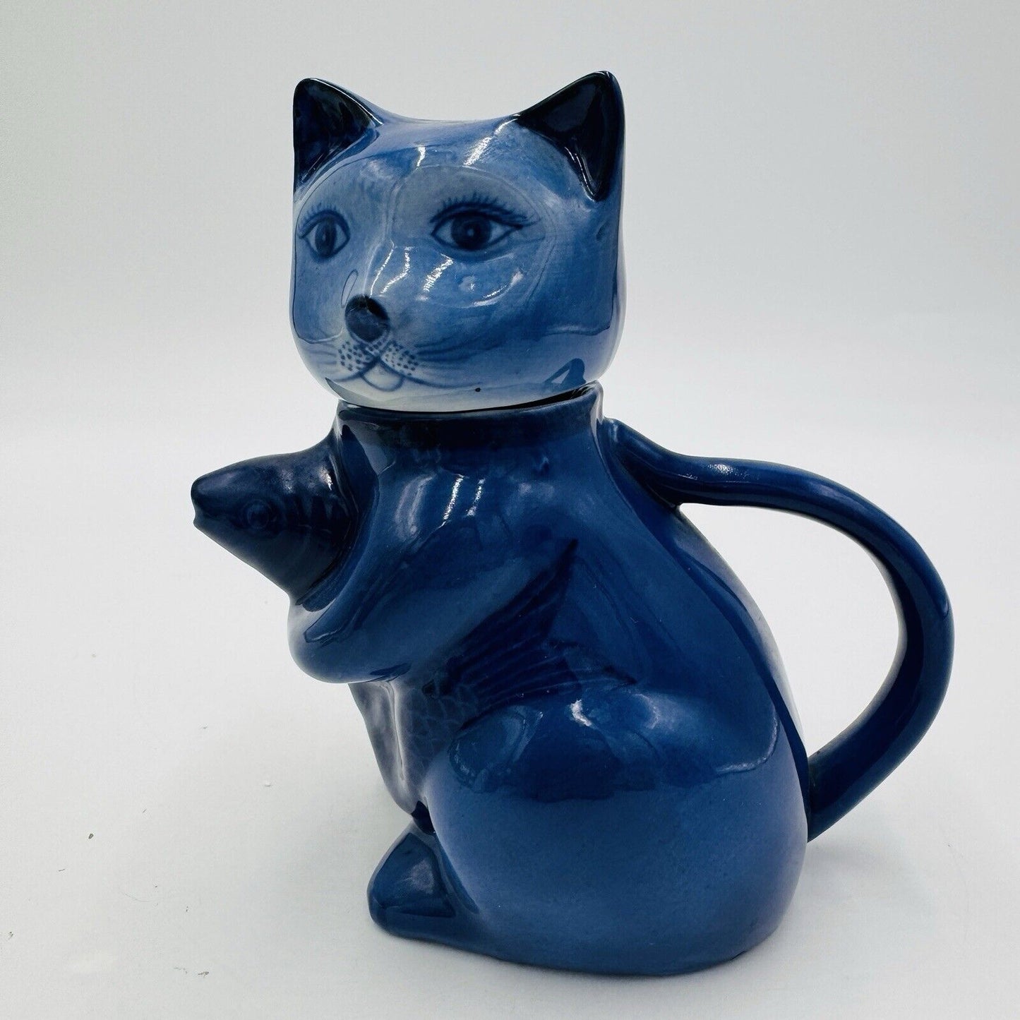 Vintage Lucky Navy Blue Cat Holding Koi Fish Mini Teapot Ceramic