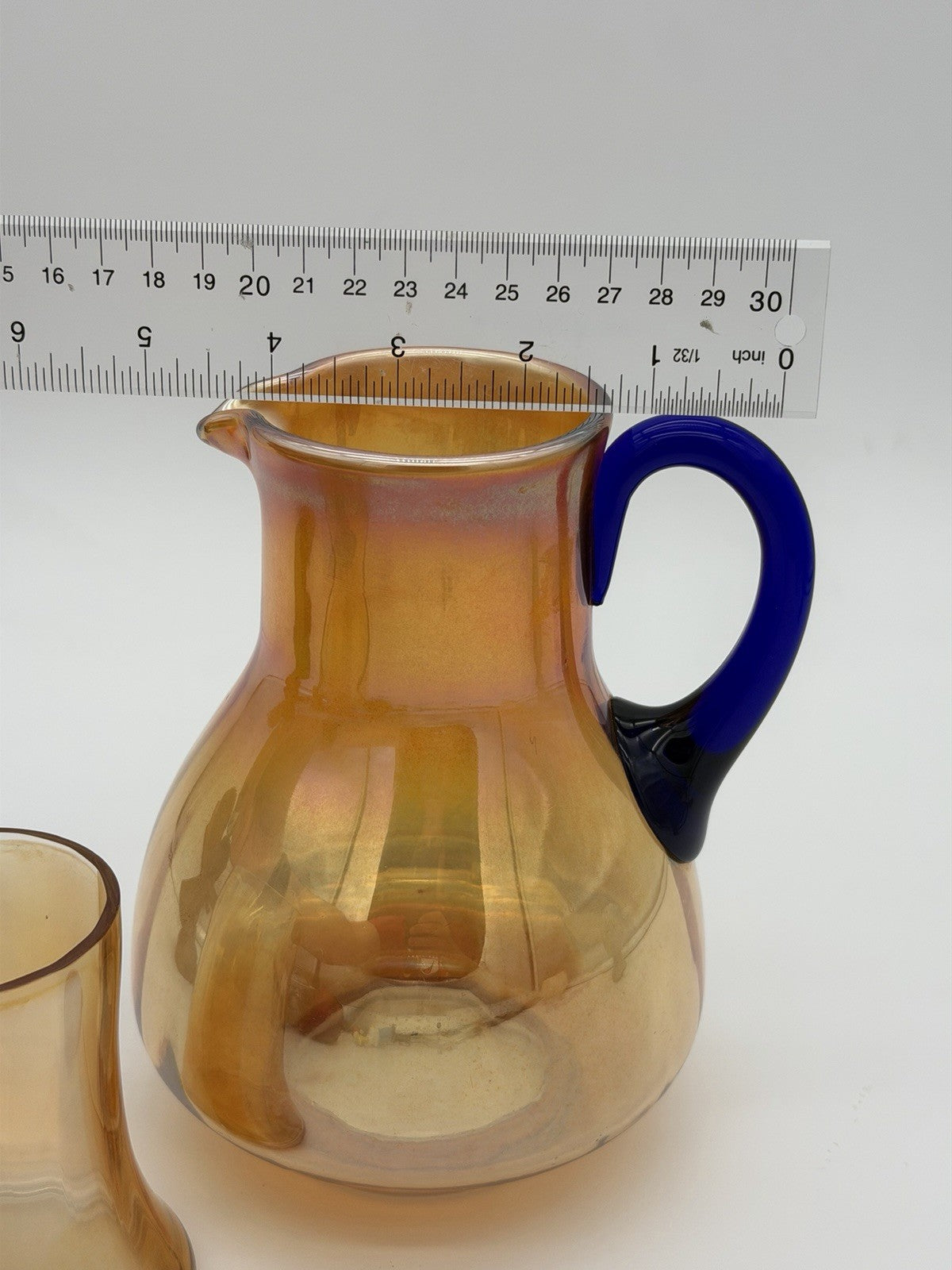 Fenton Art Glass Guest Tumble Up carnival pitcher marigold cobalt blue handle