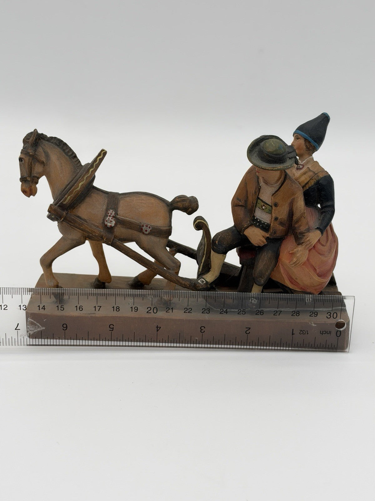 Antique folk art wood carving August Runggaldier Italy  farmers on horse sleigh