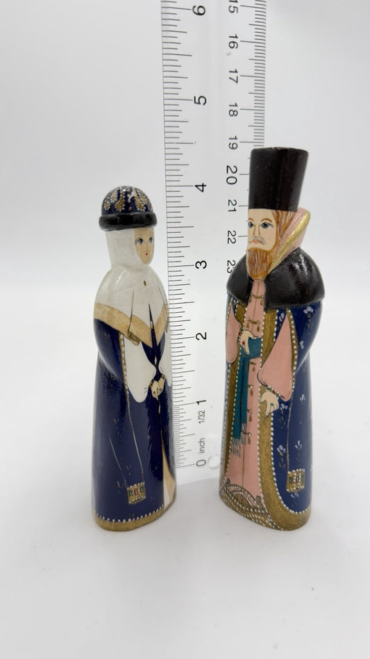 Vintage Folk Art Wood Carved Russian King & Queen Hand Painted Signed Figurines