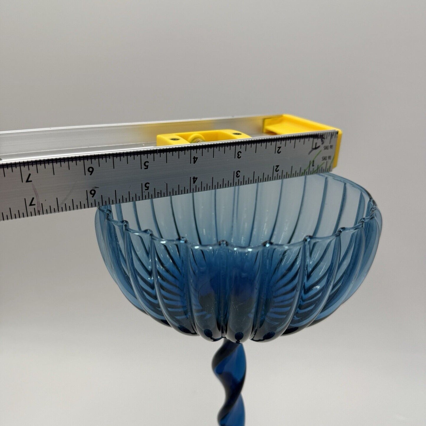 Vintage Empoli Italy Ribbed Optic Glass Twisted Stem Blue Compote 13”x6” MCM