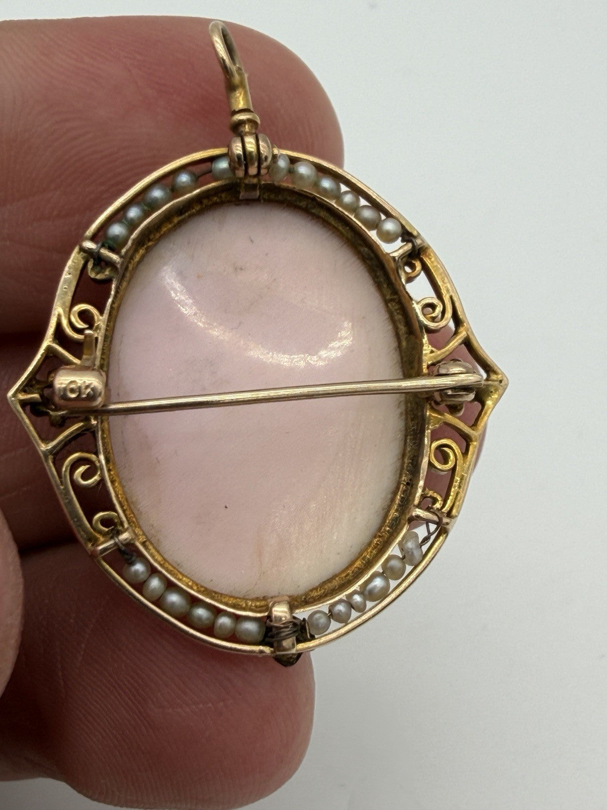 Vintage 10K Yellow Gold Large Shell Cameo Brooch Pin Pendant