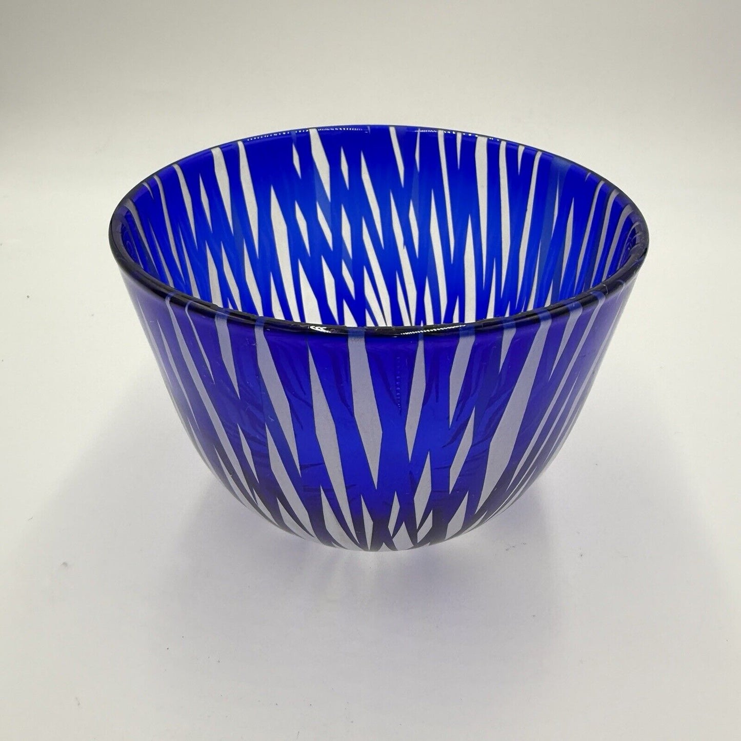 Engebretson Nielsen Art Glass Bowl Cobalt Interior Cut To Clear Signed 5”x6.5”