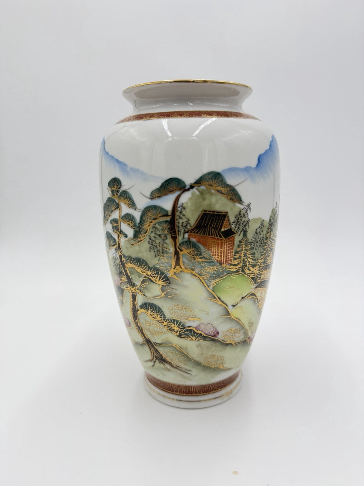 Antique Japanese Porcelain Satsuma vase Meiji period pagoda mountain 8.5”H