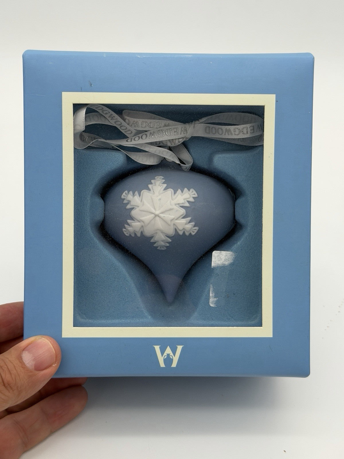Wedgwood Jasperware Blue/White Teardrop Snowflake Christmas Ornament Boxed