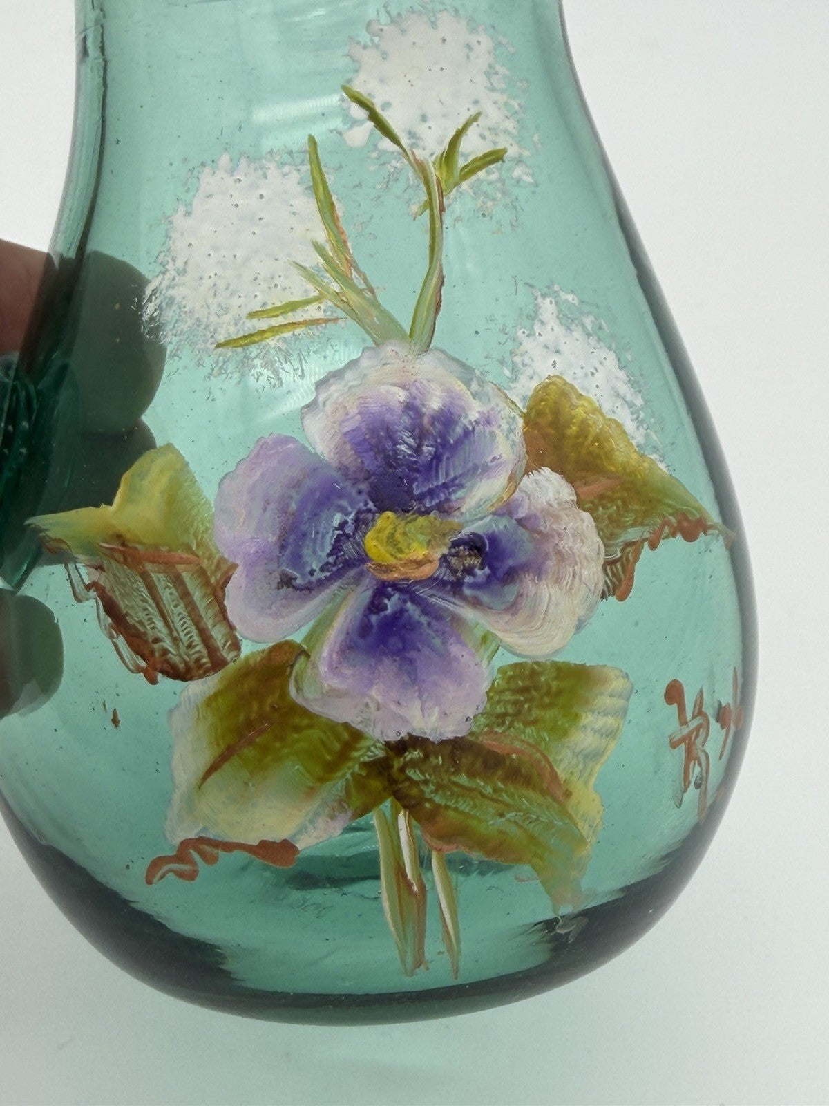 Vintage Joe Deanda Art Glass Pitcher Green Painted Pansies 4.5”H