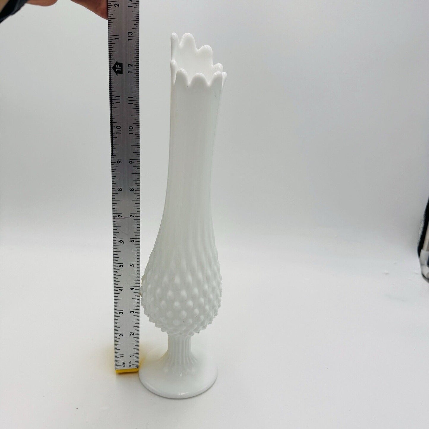 Fenton Art Hobnail White Milk Glass Pedestal Swung Vase 13 3/4" Vintage Retro