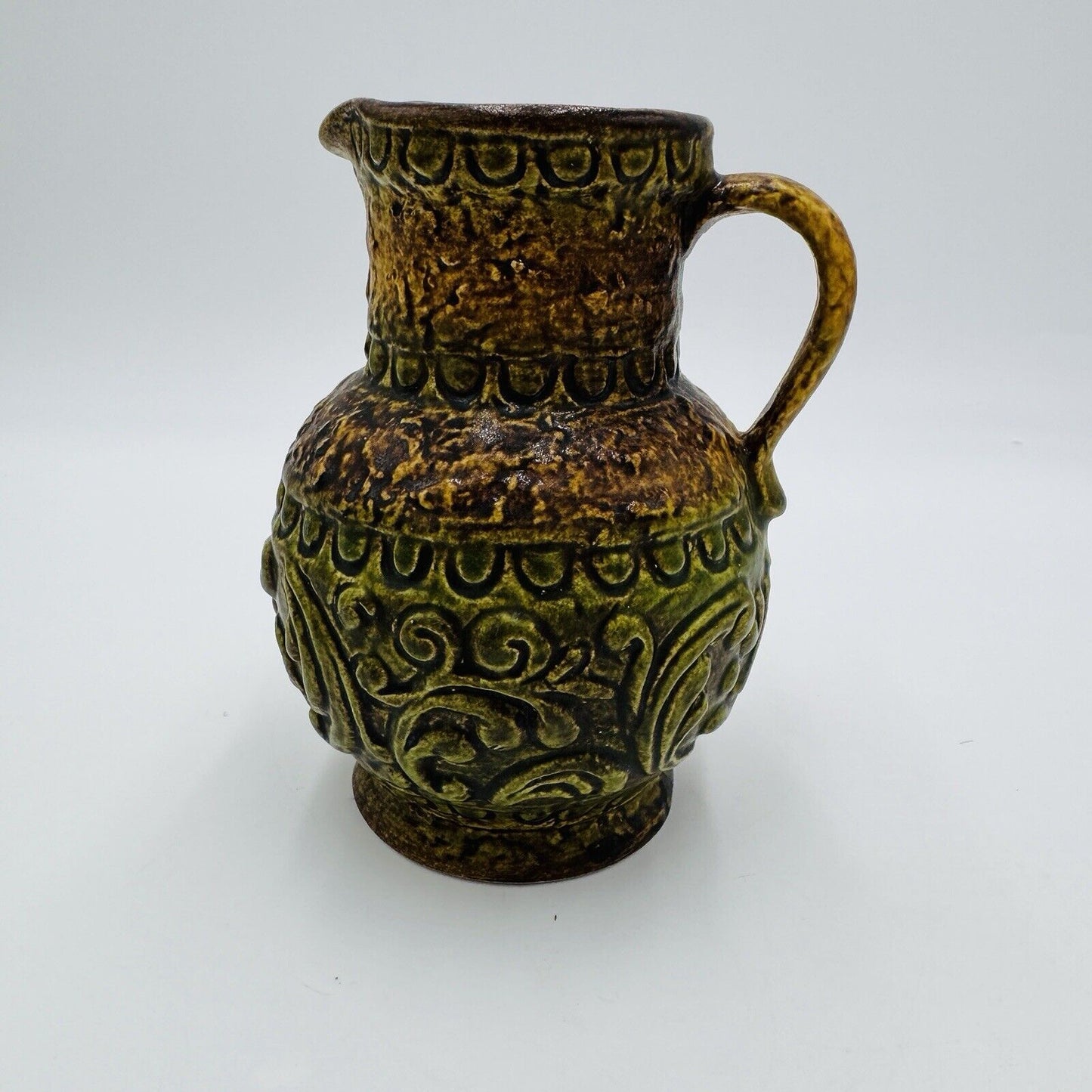 MCM Jasba pottery # 167715 art pitcher jug vase West Germany 6” Embossed