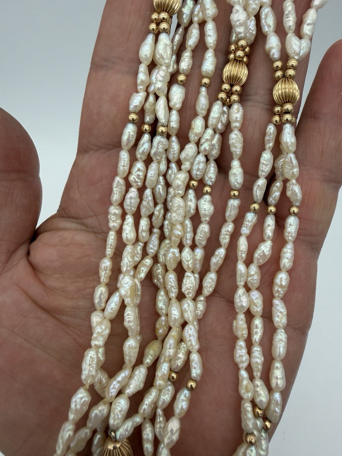 14K Yellow Gold Ribbed Beaded Freshwater Pearl Necklace Triple Strand 31”