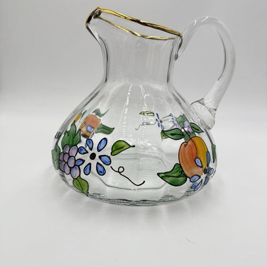 Vtg. Fifth Ave Crystal Ltd. Romanian Glass Hand Painted Pitcher 22k Gold Large