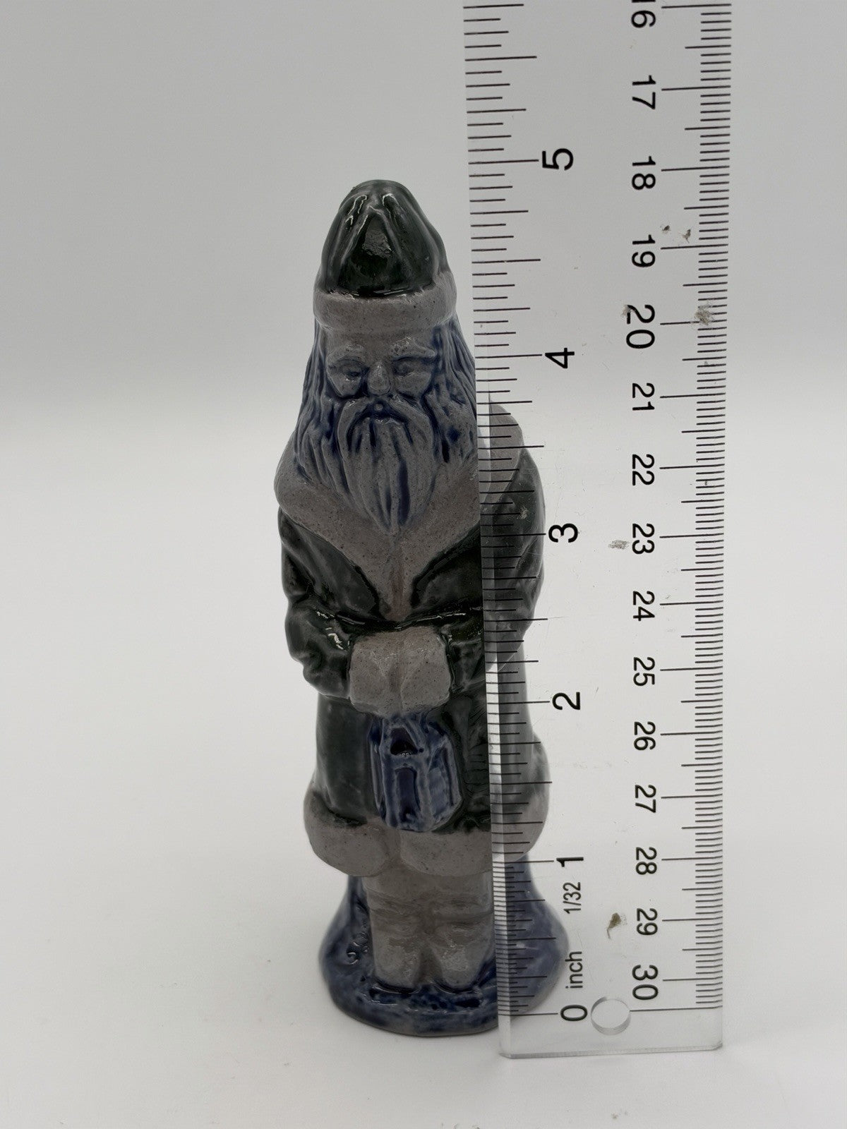 Rowe Pottery Works Green/blue Santa With Lantern Salt Glaze Figurine 5” Rare