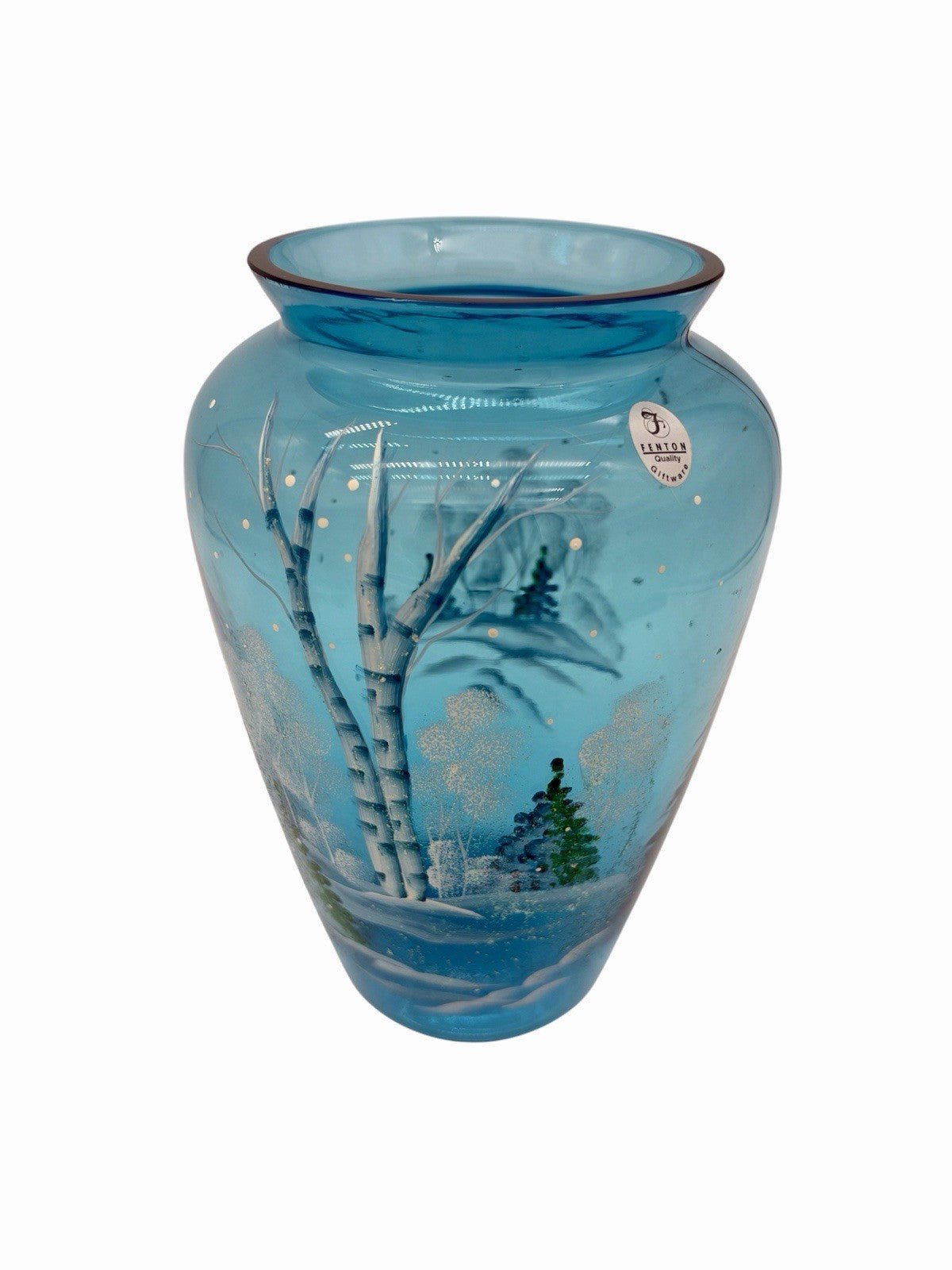 Fenton Art Glass Quality Blue Hand Painted Winter Christmas Scene Vase 8.5”H