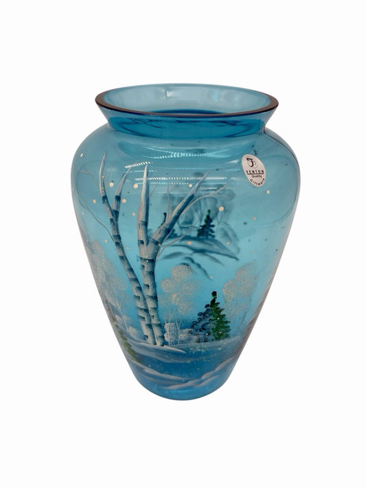 Fenton Art Glass Quality Blue Hand Painted Winter Christmas Scene Vase 8.5”H