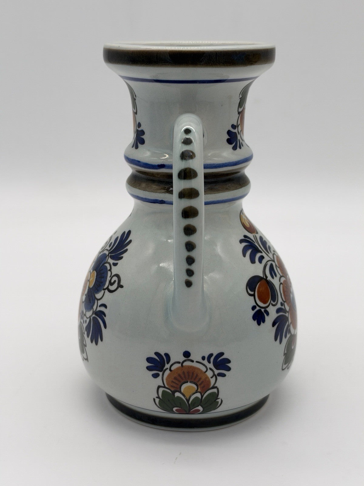 Delft Dutch Art Pottery Polychroom Pitcher Hand-Painted Floral Ceramic Vase 6”