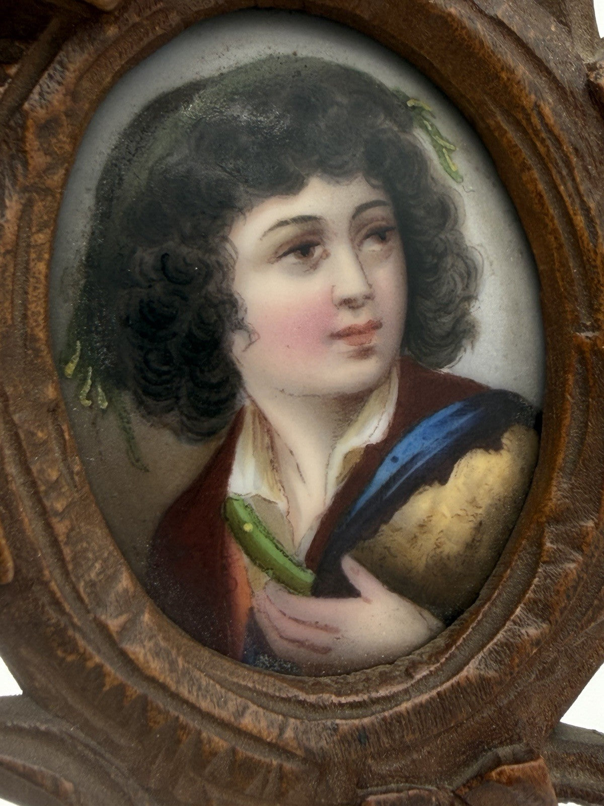 Antique Black Forest Carved Frame Painted Porcelain Young Portrait Miniature 3”H