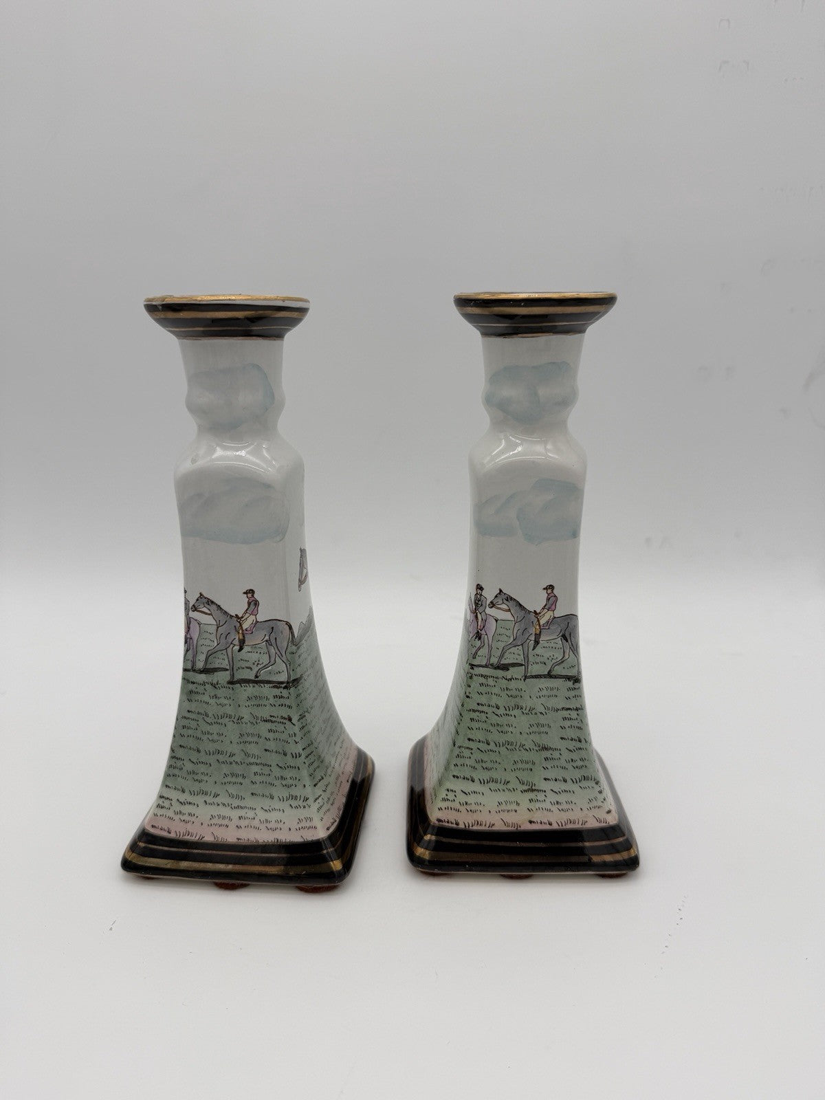 Vintage Chinese Equestrian Hand-Painted Porcelain Candle Holder by Nieman Marcus