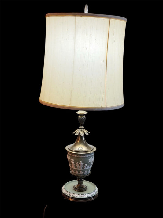 Wedgwood jasperware green TORCHIERE Table Lamp 1959 Vintage 27”H England
