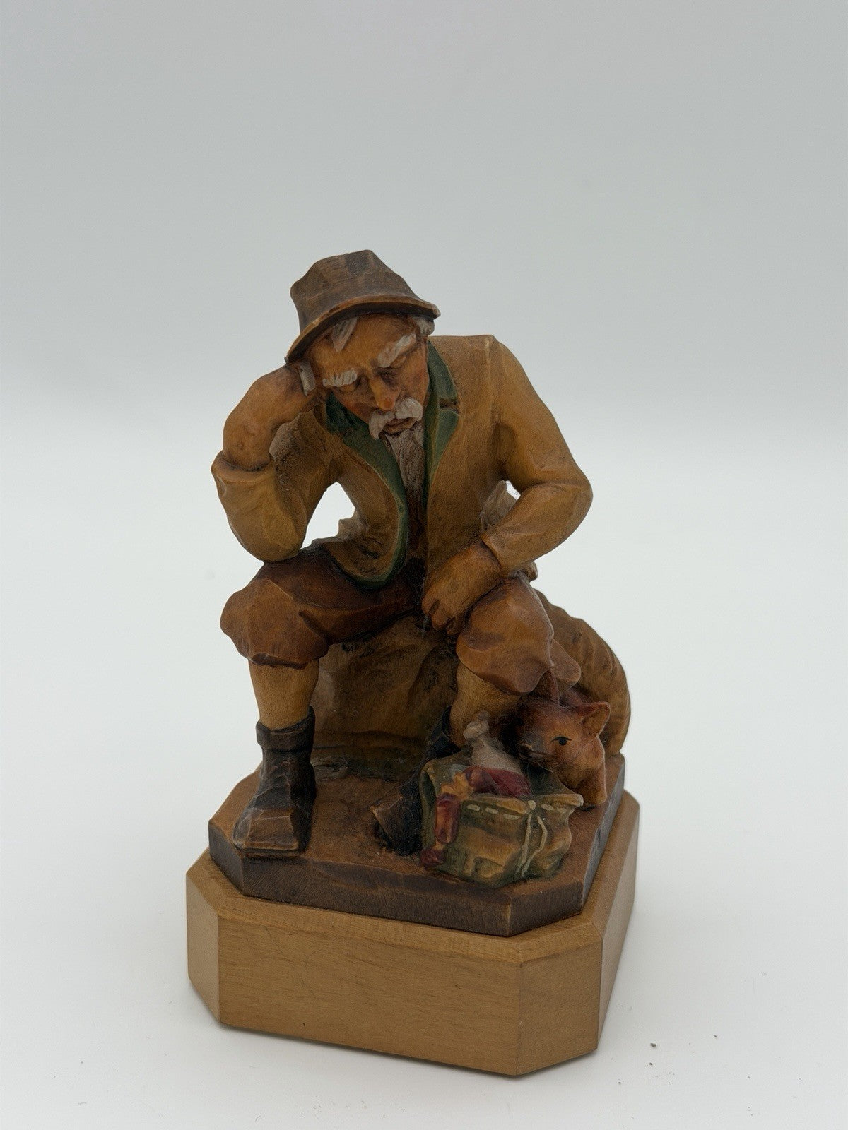 Anri Italy Folk Art Hand Wood Carved Hunter Man Rifle Fox Figurine 5" Vtg 1950