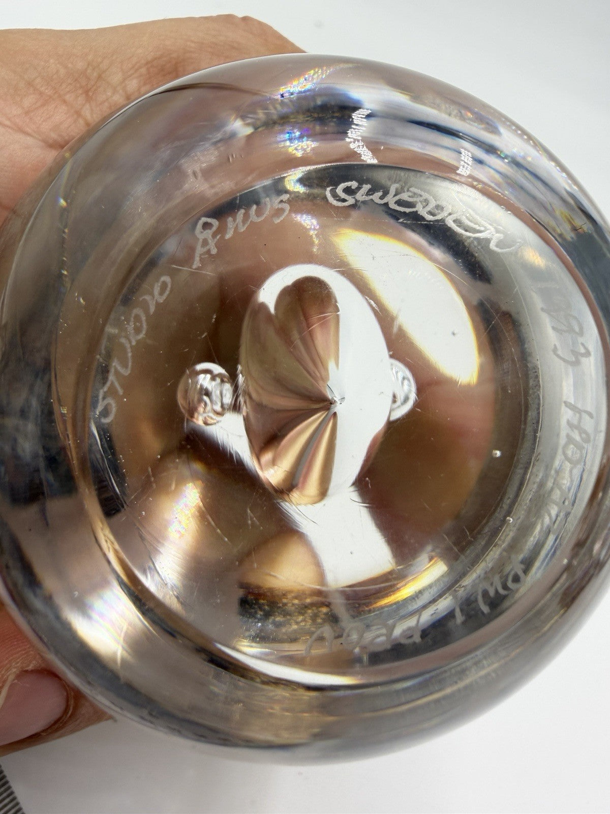 Vintage Åhus Ahus Sweden Art Glass Abstract 1993 Clear Paperweight 3.5”