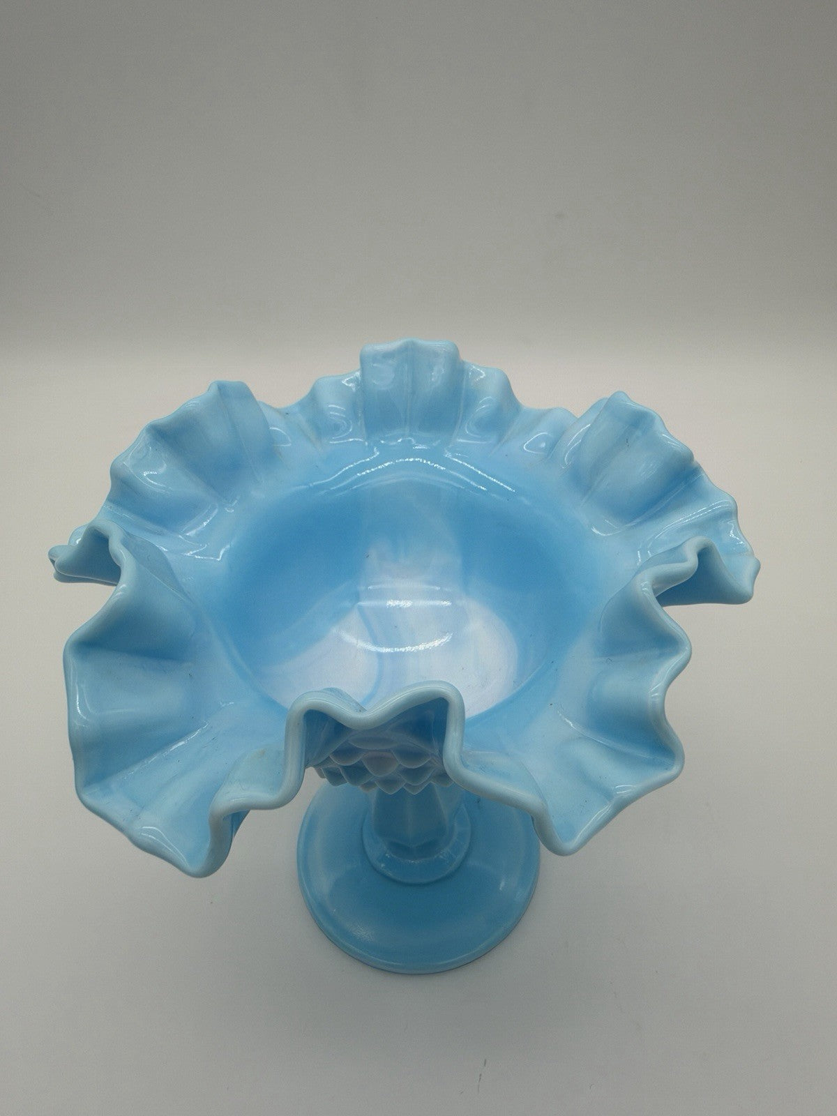 Fenton Blue White Slag Glass Hobnail Pedestal Compote Vtg Ruffled Edge 5.5”x6”