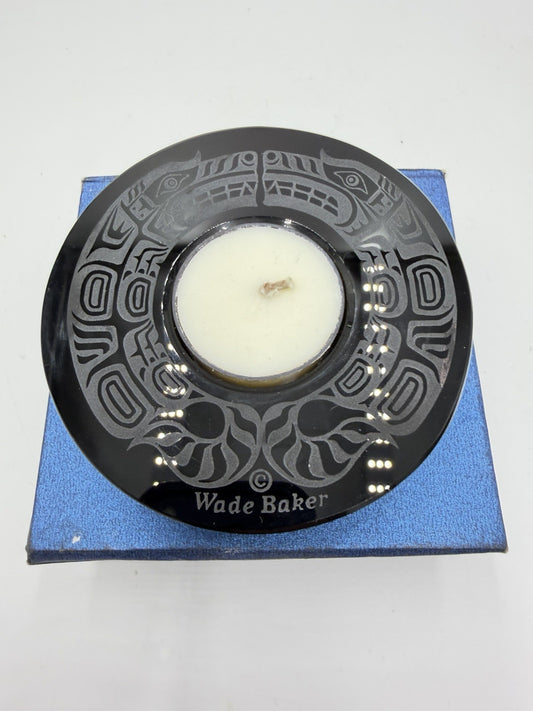 Wade Baker Double Wolf Spirit Etched Black Carved Glass Votive Candle Holder
