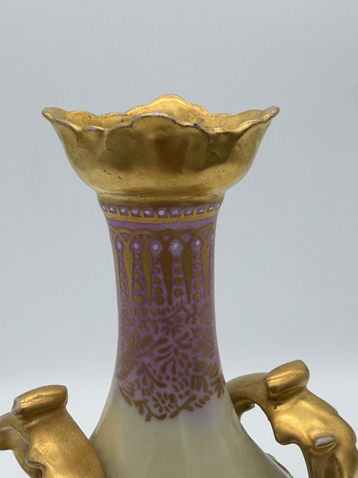 Antique Elite Limoges France Jean Pouyat C.1900 Porcelain 10” Handled Gold Vase
