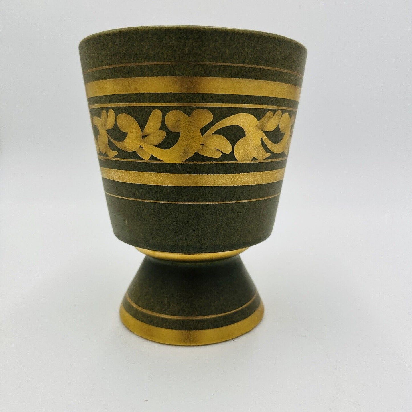 Vee Jackson Vase California Pottery Footed Planter Green Gold Trim MCM