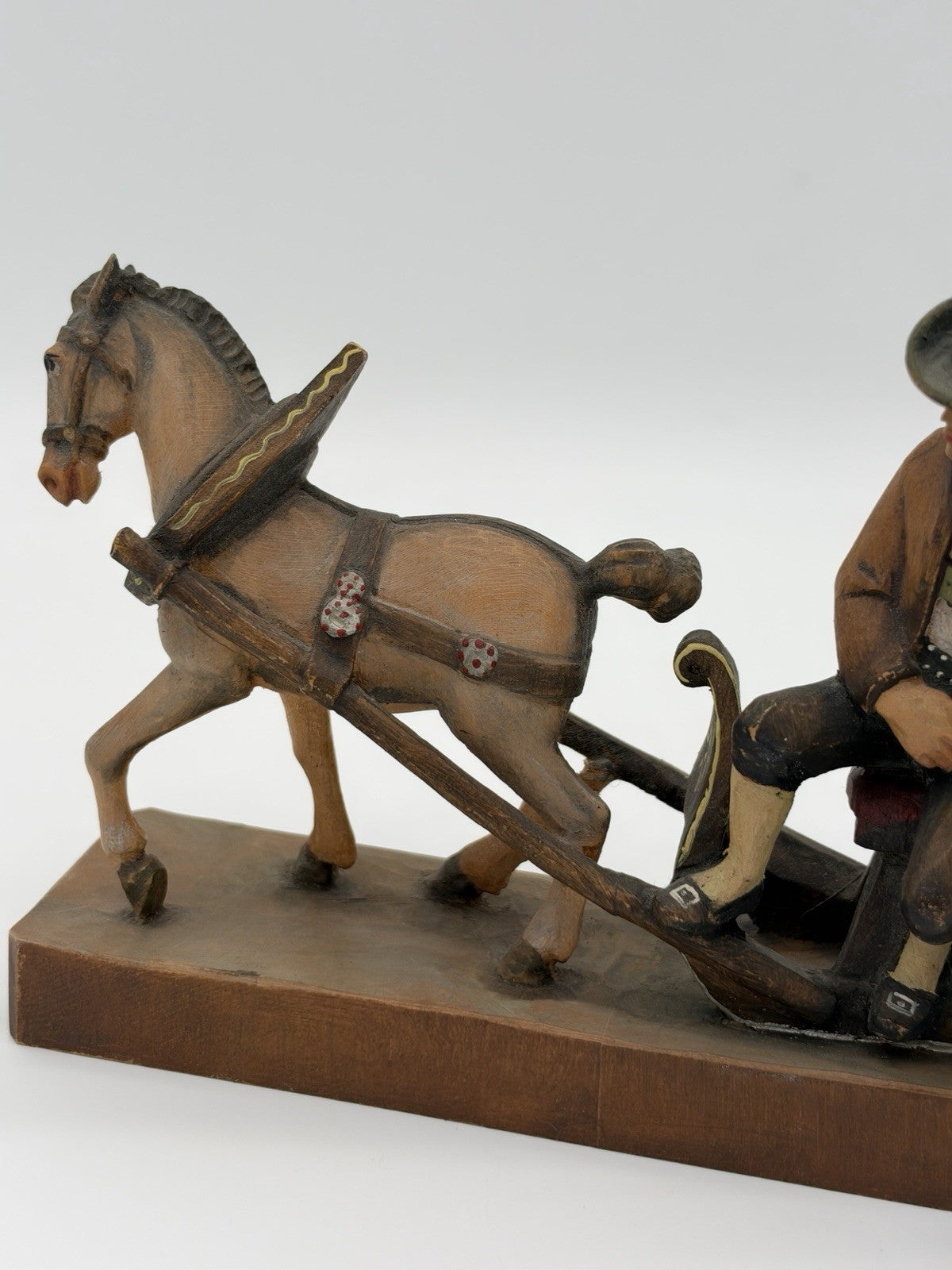 Antique folk art wood carving August Runggaldier Italy  farmers on horse sleigh