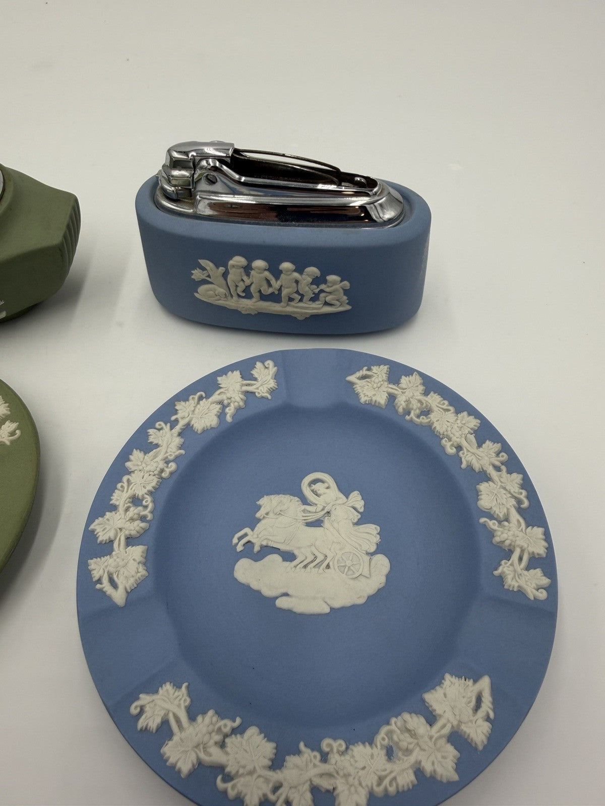 Wedgwood Jasperware Green &blue Lighters Ashtray Set 4 PCs England Porcelain