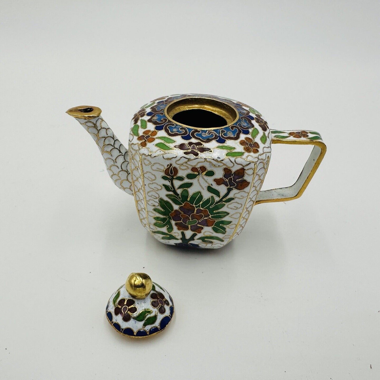 Cloisonné Teapot Miniature Chinese Flowers Floral 3in Detail Antique Home Decor