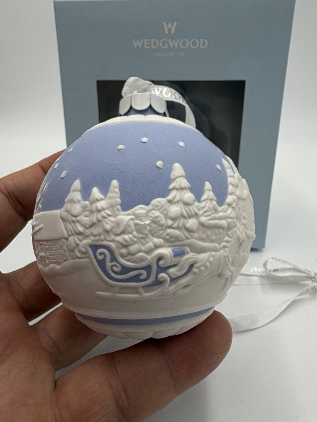 Wedgwood Jasperware Blue Sleigh Ride Santa Christmas Ball Ornament Boxed