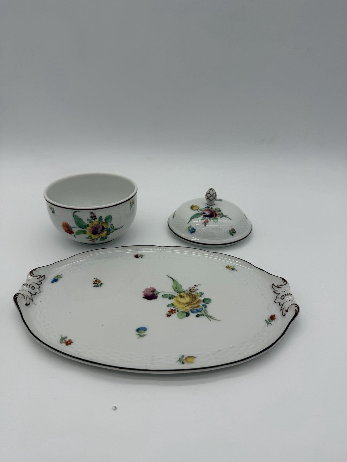 Antique Nymphenburg Porcelain Floral Sugar Bowl & Tray Basket Weave Set 2 PCs