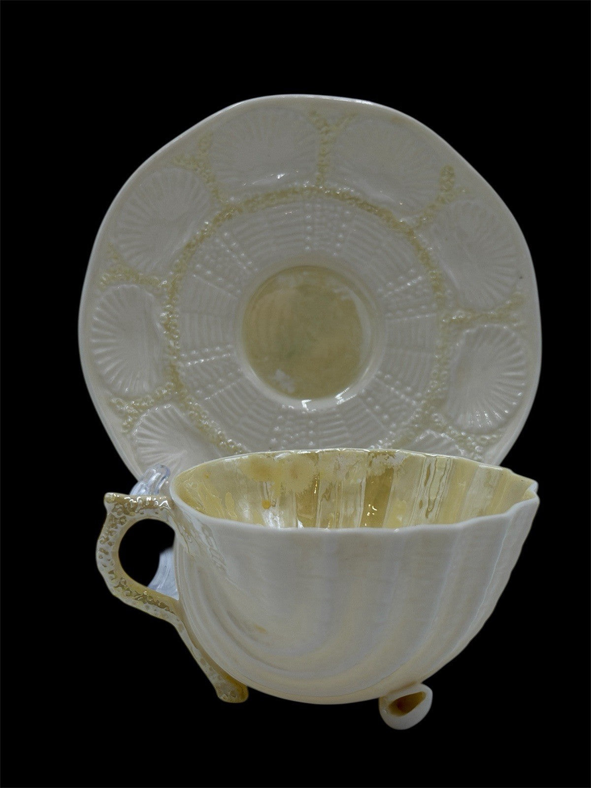Belleek Neptune Yellow Seashell Footed Demitasse Tea Cup & Saucer Green Mark