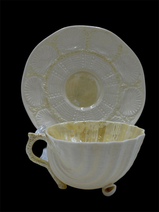 Belleek Neptune Yellow Seashell Footed Demitasse Tea Cup & Saucer Green Mark