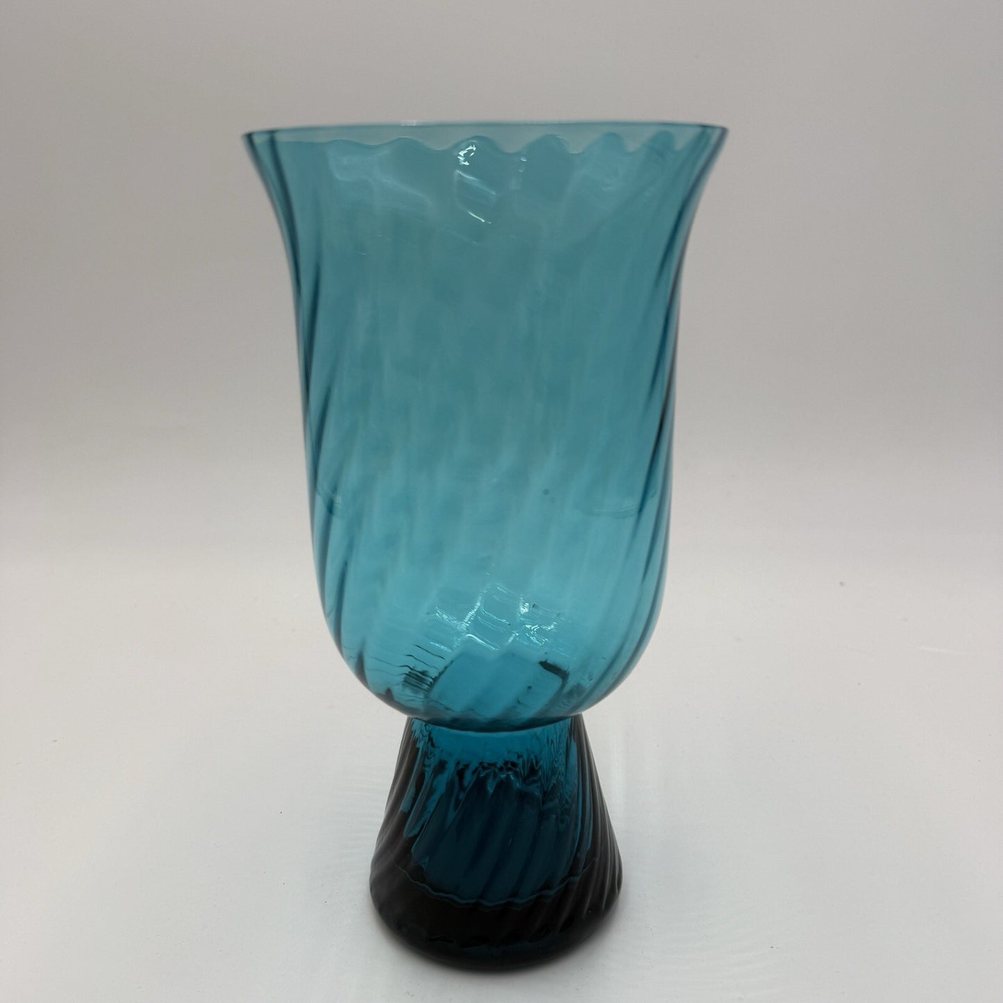 MCM Empoli Italian Handblown Art Glass Swirl Optic Teal Pedestal Vase 8.5in