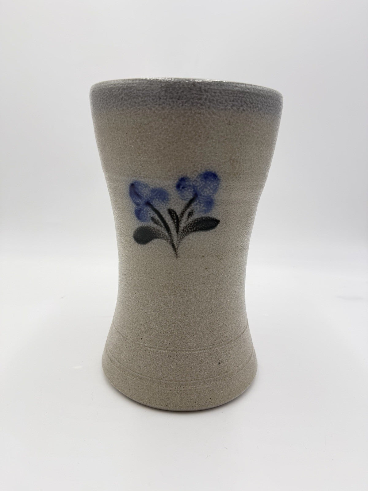1995 Rowe Pottery Works Stoneware Blue Flowers  Design Salt Glaze Flower Vase 9”