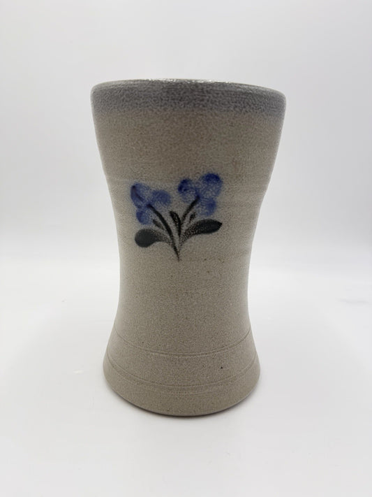 1995 Rowe Pottery Works Stoneware Blue Flowers  Design Salt Glaze Flower Vase 9”
