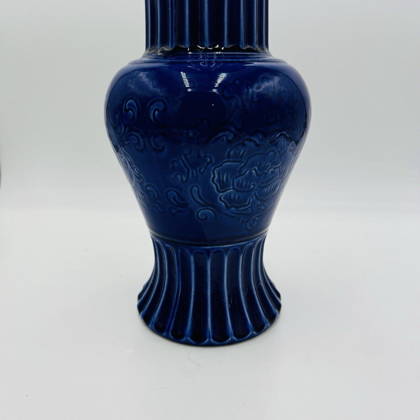 Hyalyn Pottery Vase 15in Cobalt Blue Floral Etched USA #571 MCM Large Standing