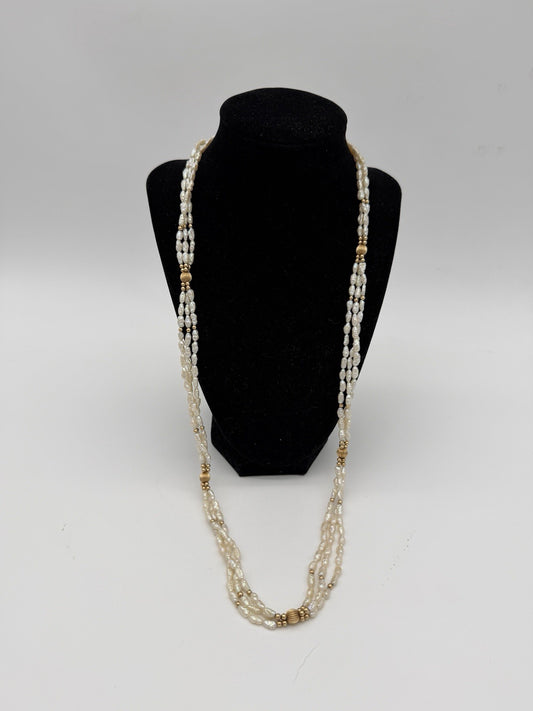 14K Yellow Gold Ribbed Beaded Freshwater Pearl Necklace Triple Strand 31”