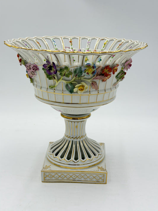 Antique Dresden Porcelain GermanyReticulated Pedestal Bowl W/ Encrusted Flowers