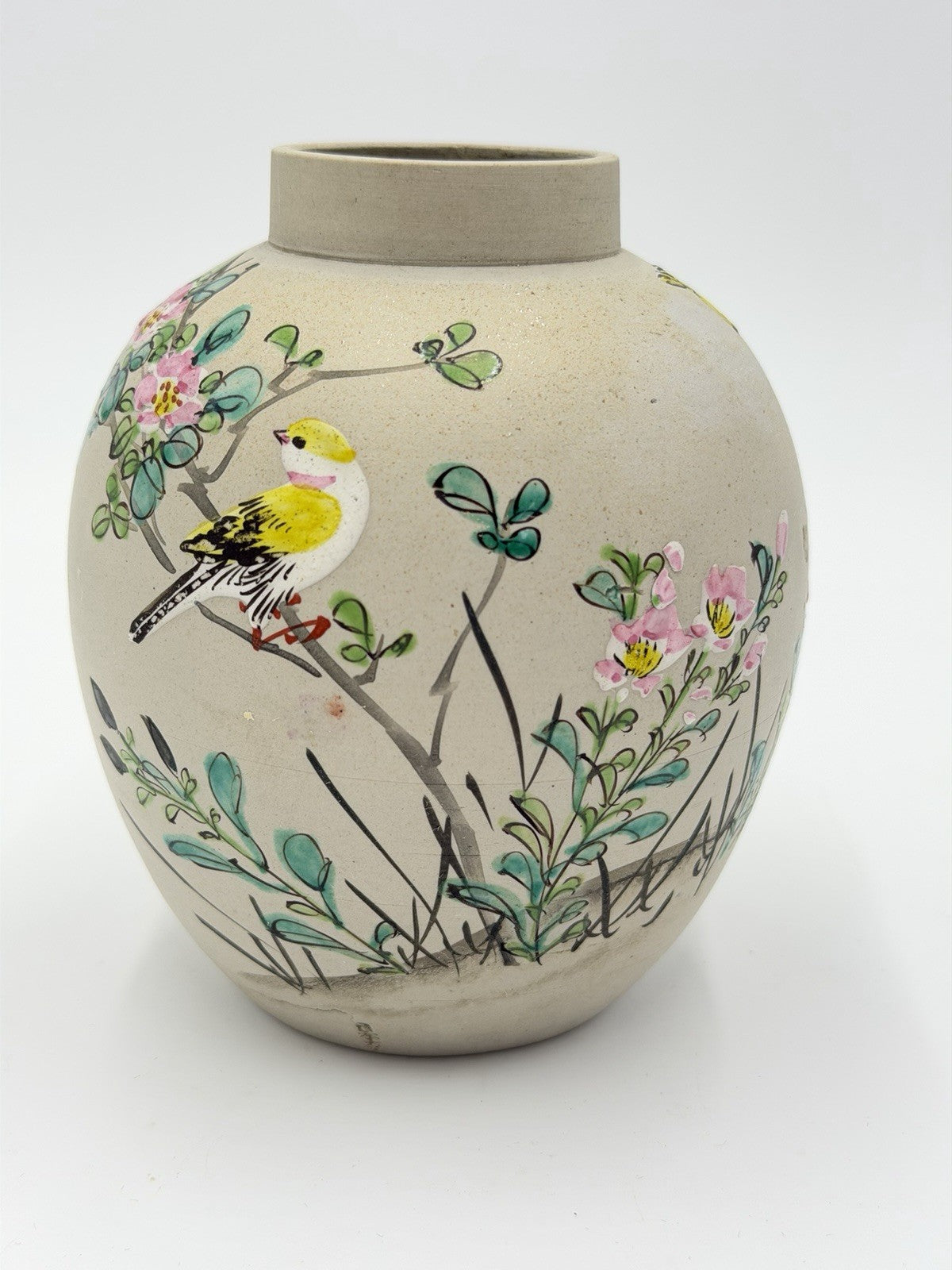 Antique Japanese Pottery Cherry Blossom Yellow Goldfinch Painted Vase 5”H