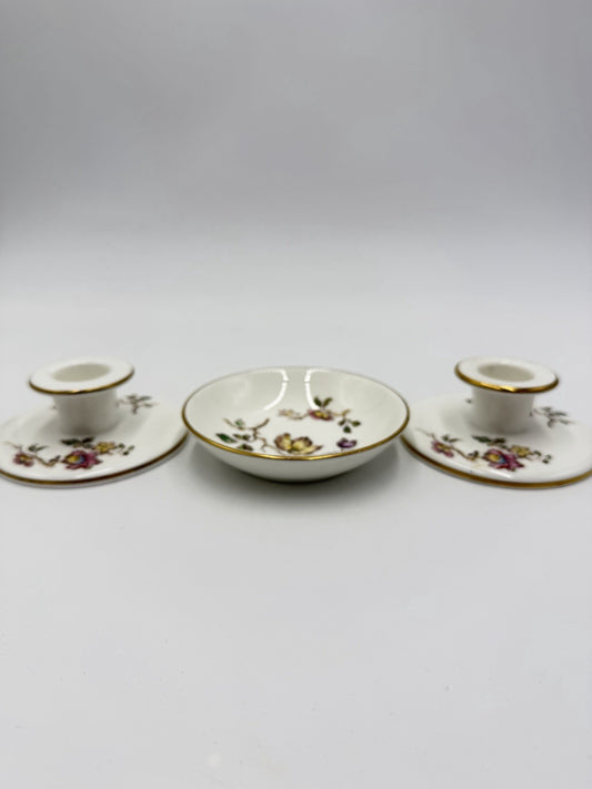 Wedgwood Bone China Taper Candle Holders & Small Tray Set 3 PCs Porcelain Englan