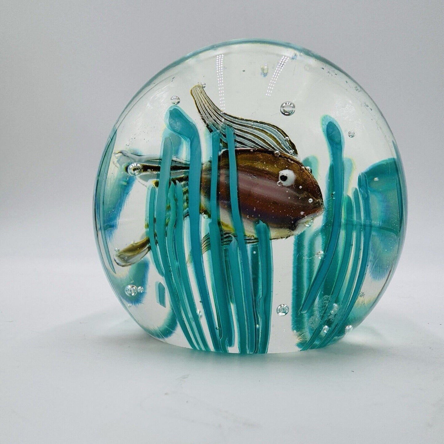 Murano Art Glass Fratelli Toso Italy fish w/ sea grass paperweight 3” MCM