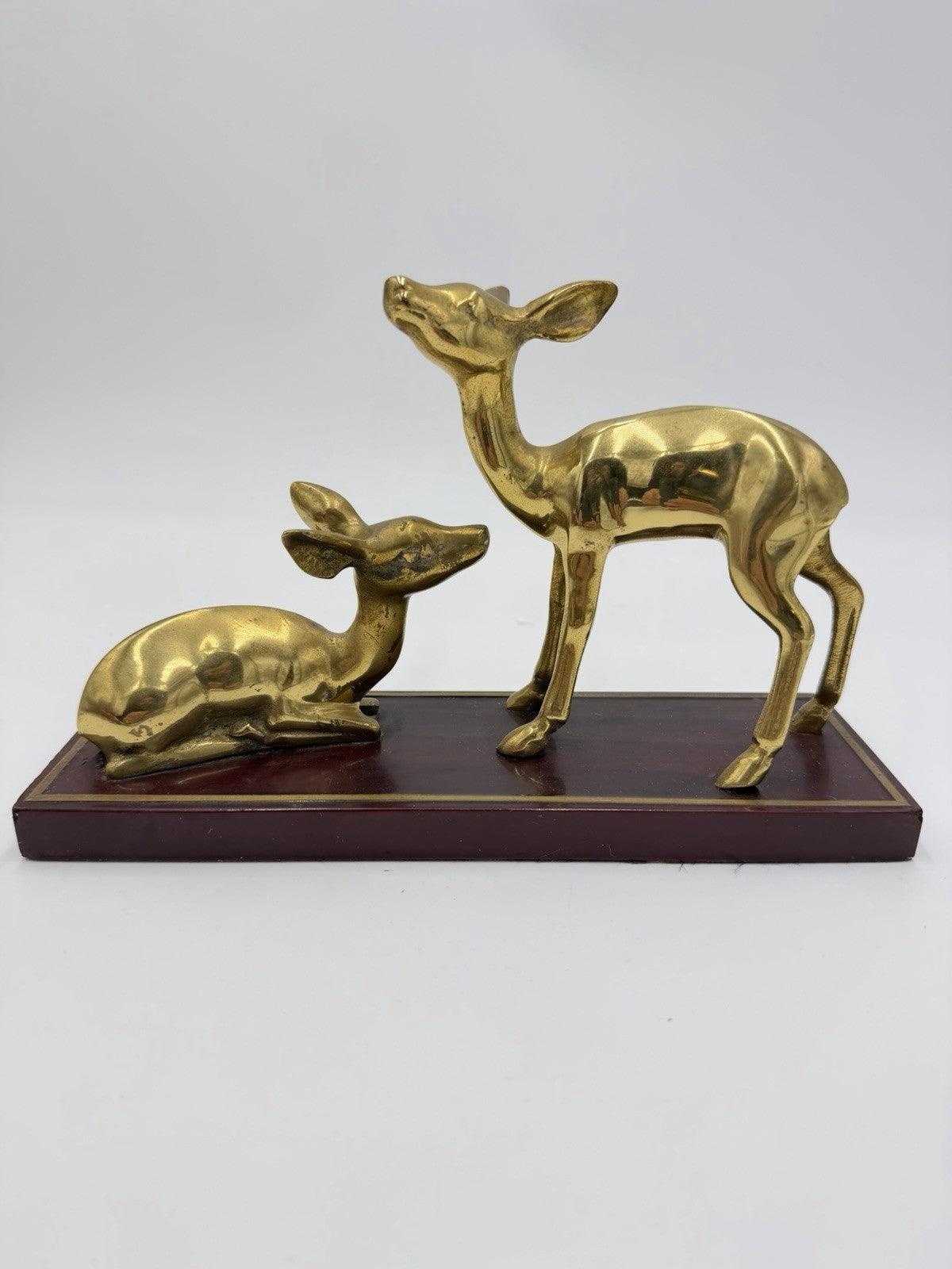 Vintage Gatco Solid Brass Deer Set on Wood Stand Woodland Figurines 6”x9”
