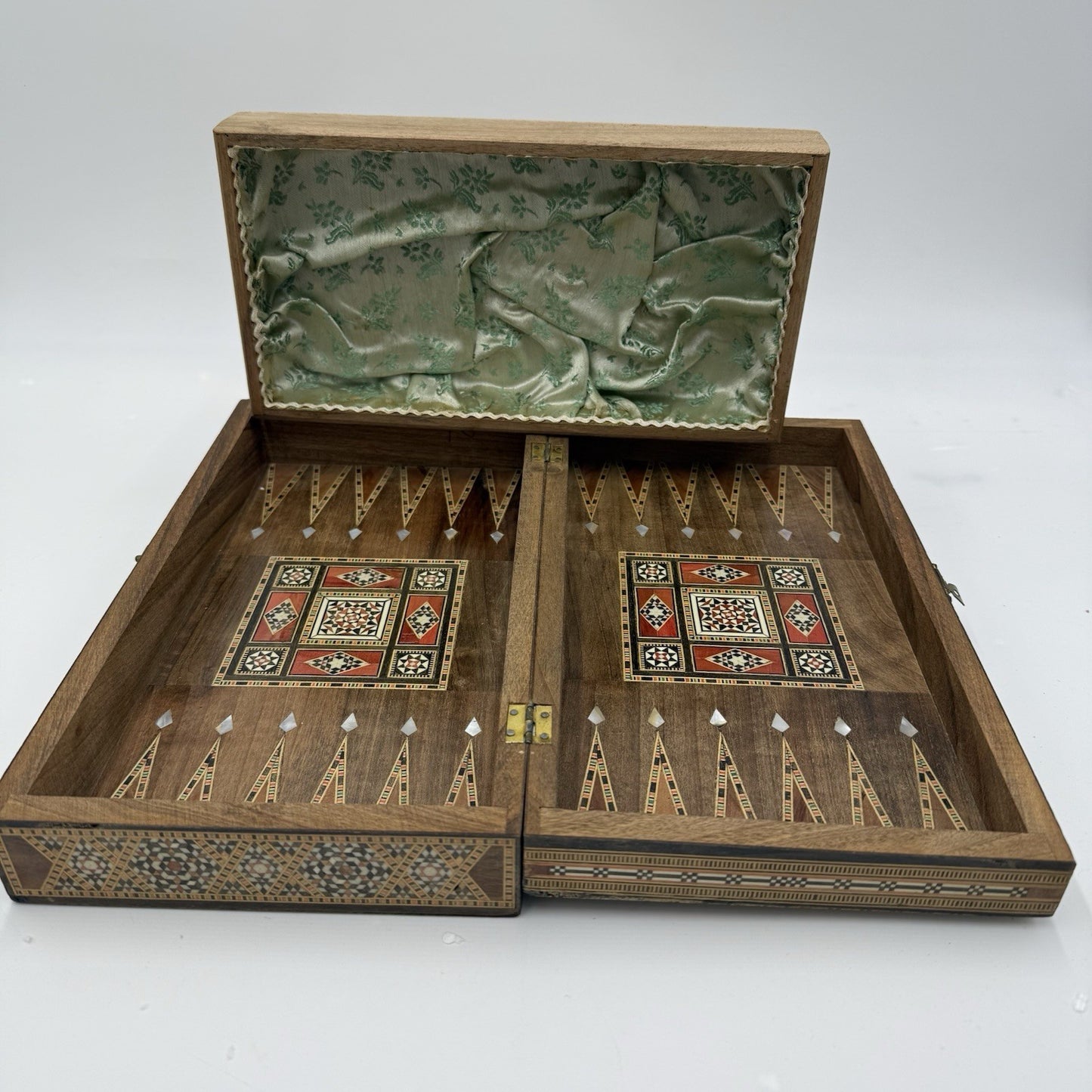 1950 Middle East Marquetry Mosaic Wood Inlaid Pearl Box Backgammon Inside