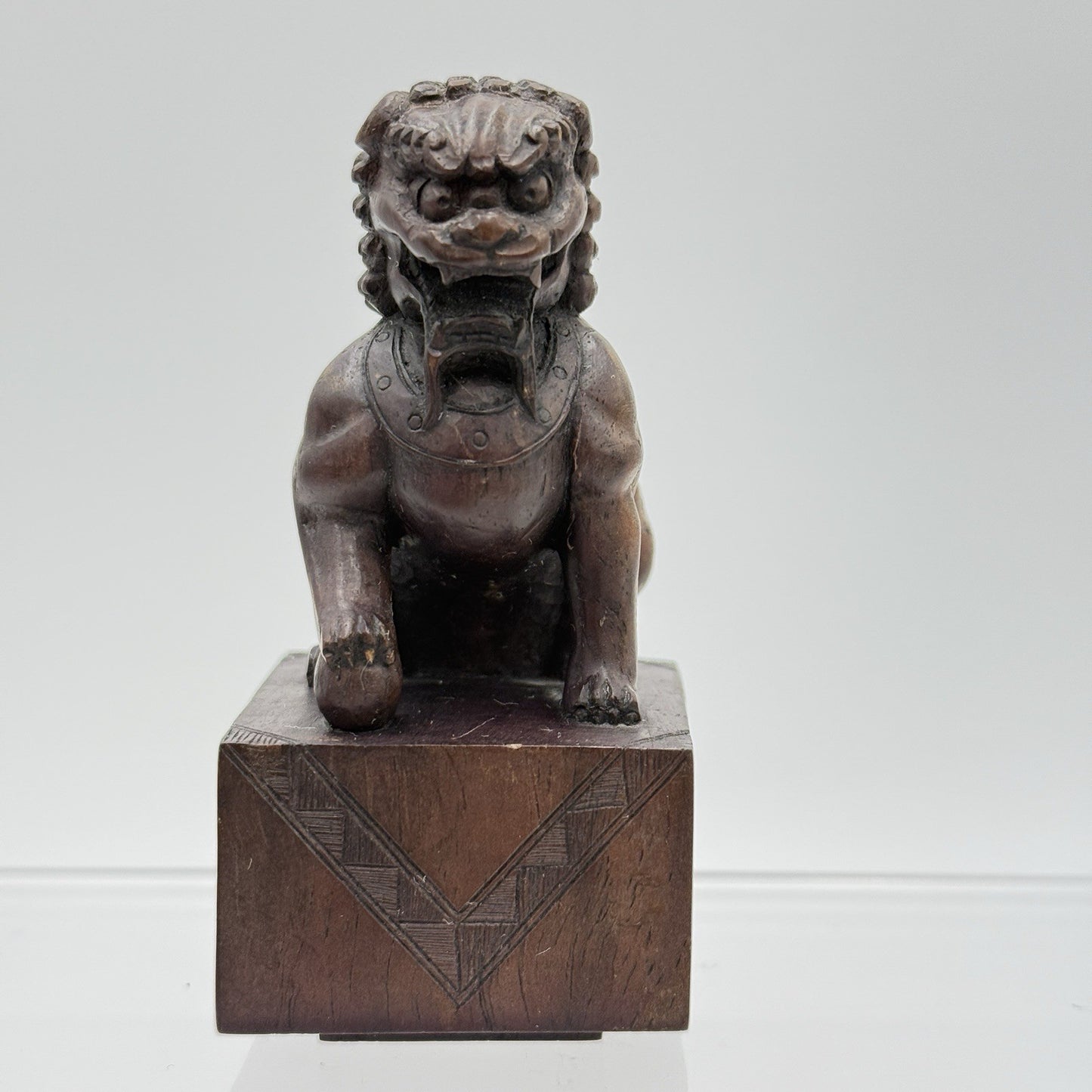 Foo Lion Chinese Hand Carved Wooden Figurine Solid 3.5in Vintage